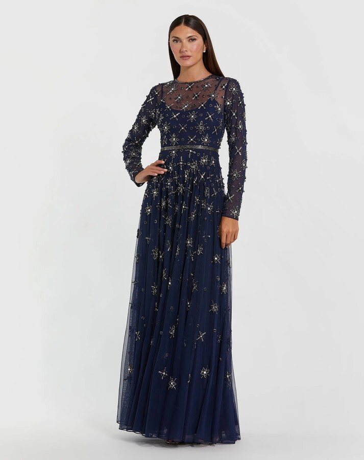 Mac Duggal - Navy Long Sleeve Crystal Embellished Evening Gown - Midnight / US 2