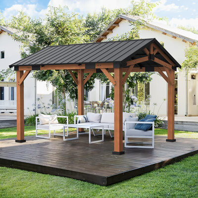 LUE BONA 12' X 10' Outdoor Metal Roof Gazebo With Wooden Frame, Hardtop Gazebo, Resistant Sloping Steel Roof