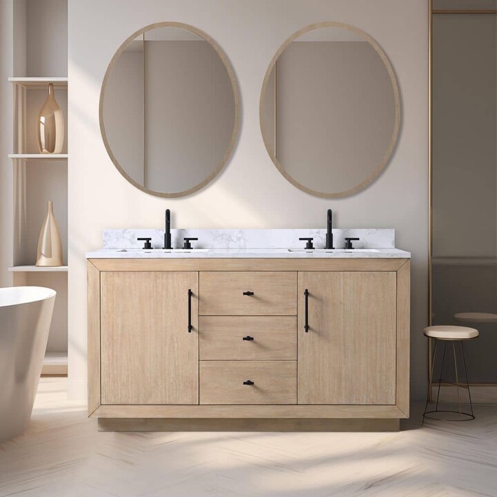 Vanity Art 60 in. W x 22 in. D x 38 in. H Double Sink Bath Vanity in Light Wheat with Arabescato White Engineered Marble Top