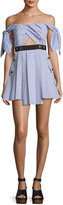 Thumbnail for your product : Self-Portrait Striped Shirting Tie-Sleeves Mini Dress, Blue