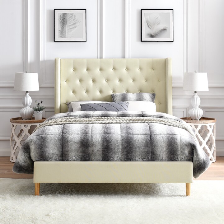 BIKAHOM MidCentury Upholstery Platform Bed, Velvet/Fabric Upholstered