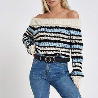 River Island Womens Petite Blue knit stripe bardot jumper