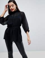 Thumbnail for your product : ASOS Design DESIGN long sleeve Sheer Belted Blouse with Open Back