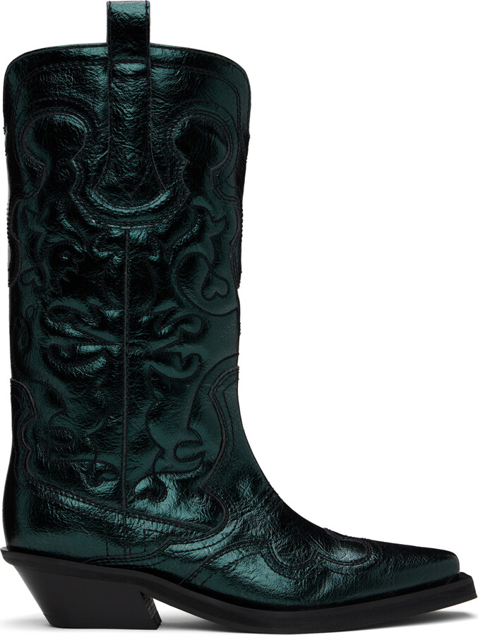 Ganni Green Metallic Mid Shaft Embroidered Western Boots ShopStyle