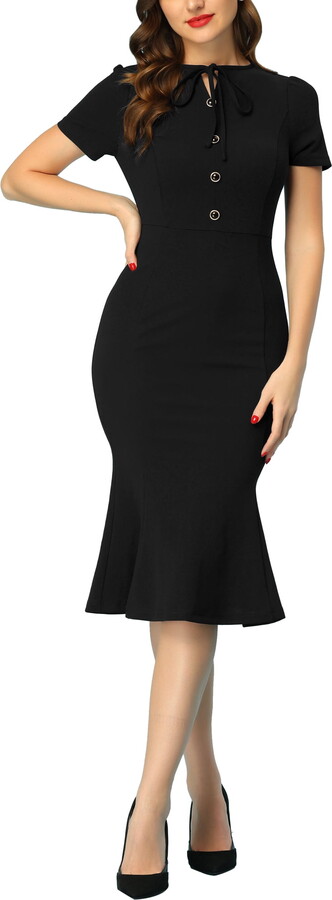 Unique Bargains Women’s Vintage Work Short Sleeve Mermaid Bodycon Dress M Black
