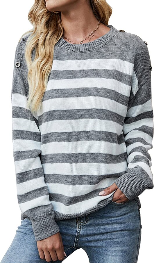 Lady Stripe Striped Print  Knitted Top Long Sleeve Pullover Sweater Jumper Black 