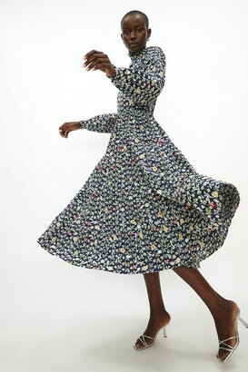 high neck ruffle midi dress