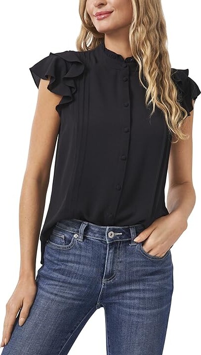 CeCe Short Sleeve Pin Tuck Ruffled Blouse (Rich Black) Women's Clothing -  ShopStyle Tops