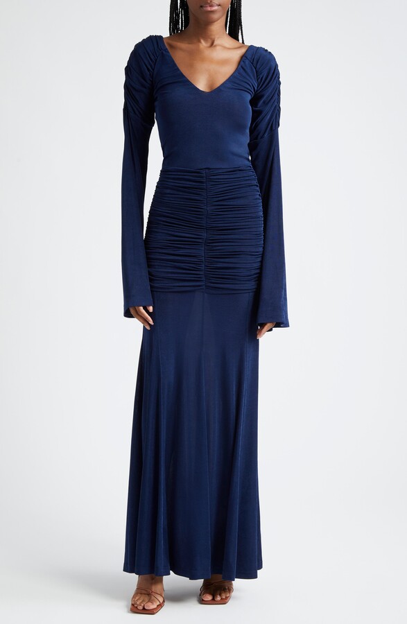 ORIRE Maya Ruffle Ruched Long Sleeve High-Low Dress