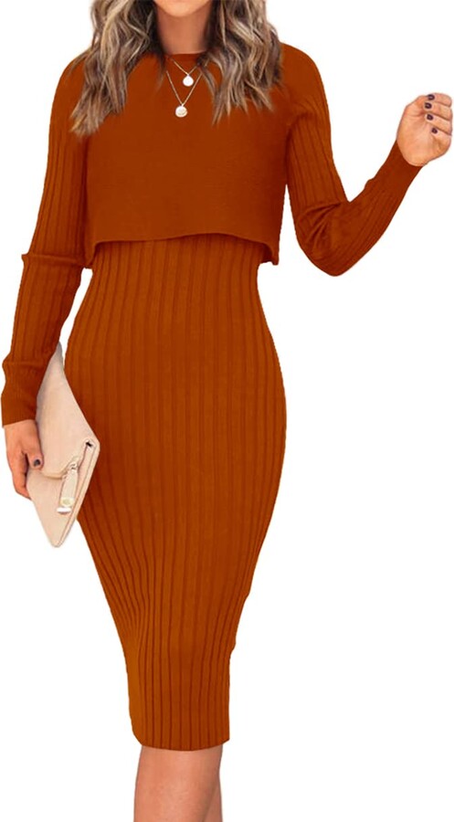 Ezbelle Women's Long Sleeve Sweater Dresses 2 Piece Outfits Sets Ribbed  Knit Crop Tops and Tank Bodycon Midi Dress