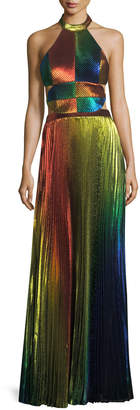 Rosie Assoulin Rainbow Pleated Metallic Halter Gown