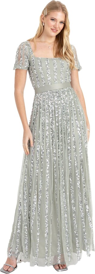 Maya Deluxe Women's Ladies Maxi Occasion Dress Sequin Square Neck