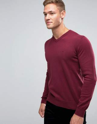 Armani Jeans Sweater with V Neck & Logo In Burgundy