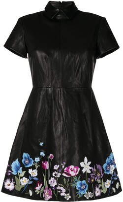 Shanghai Tang Floral-Embroidered Leather Shirt Dress