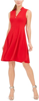 Calvin Klein Women's Petite Sleeveless Fit & Flare with Front Zipper Dress