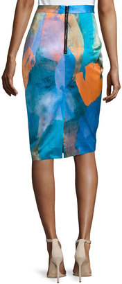 Milly Watercolor-Print Midi Skirt, Teal