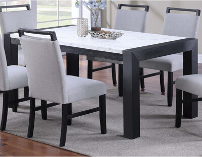Brayden Studio Elegant Two-Tone Dining Table: White Faux Marble Top + Charcoal Wooden Legs
