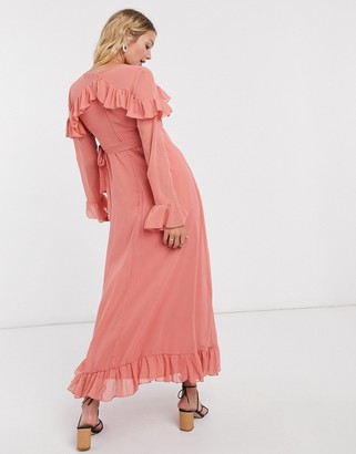ASOS Maternity DESIGN Maternity wrap maxi dress with pephem and fluted sleeve in rose