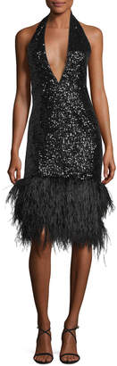 Milly Amelia Plunging Halter Sequined Cocktail Dress
