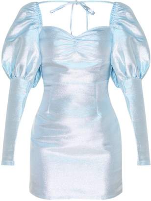 PrettyLittleThing Silver Iridescent Puff Sleeve Low Back Bodycon Dress