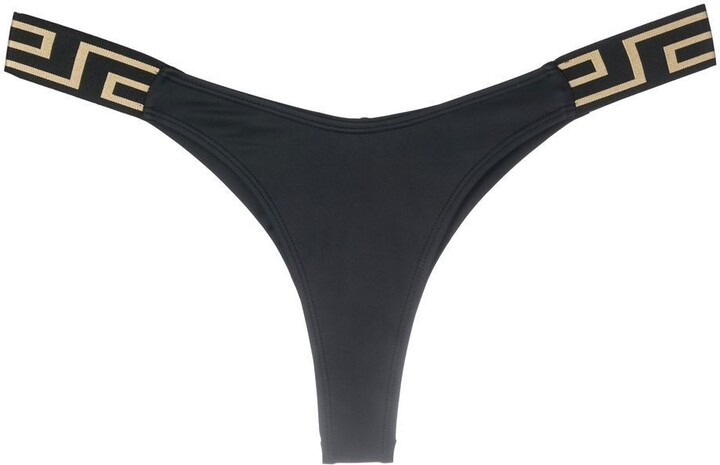 Versace Black La Greca Thong Bikini Bottoms