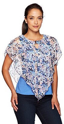 Notations Women's Petite Size Printed Lace Poncho Top with Solid Knit Underlay