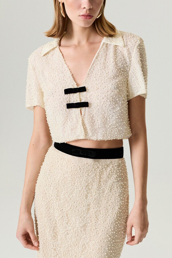 Nocturne Pearl Embellished Bow Crop Blouse