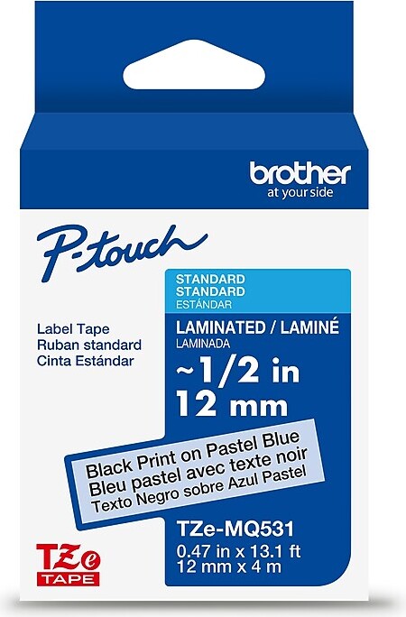 Brother P-touch Laminated Label Tape, 1/2" x 13.1', Black on Pastel Blue (TZeMQ531)