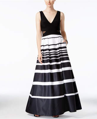 Xscape Evenings Petite Illusion-Inset Striped Ball Gown