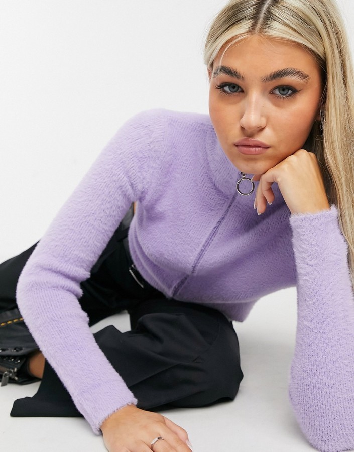 Bershka zip up fluffy sweater in lilac - ShopStyle