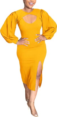 Seltaon Women's Long Sleeve Bodycon Dresses 2023 Fall Cut Out Front Slit Pencil Cocktail Party Maxi Dress Yellow