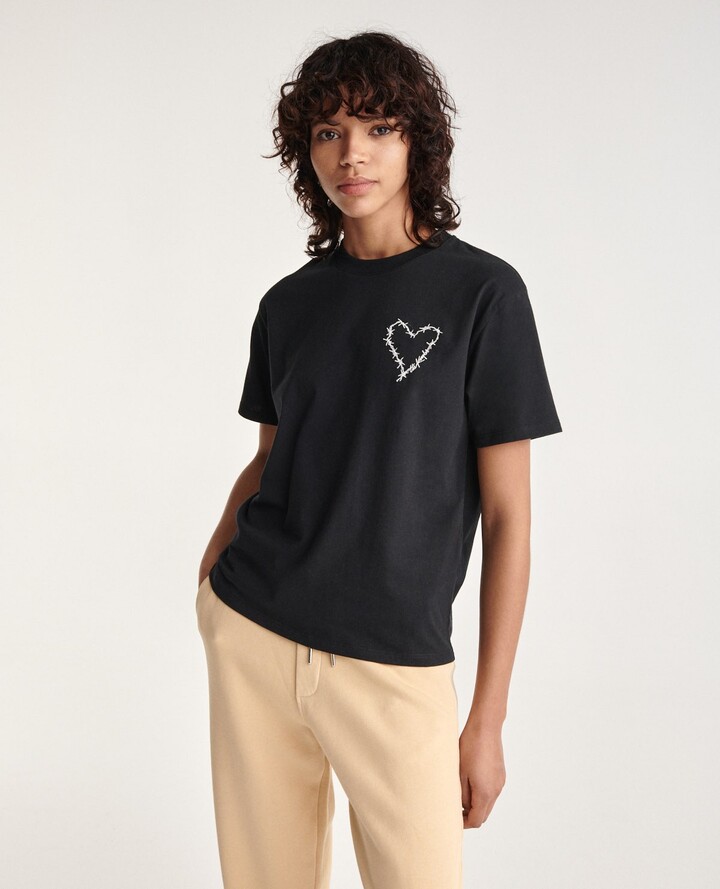 The Kooples Black cotton T-shirt & embroidered ecru heart