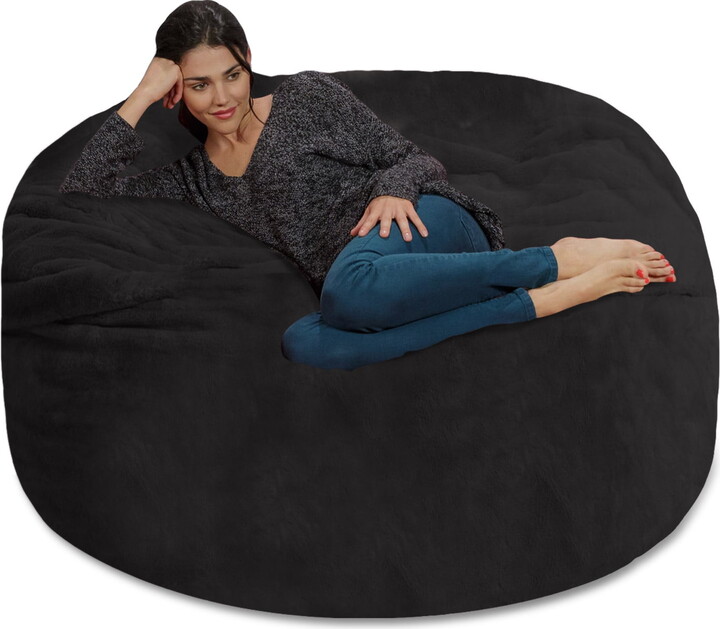 Chill Sack Bean Bag Chair, Faux Rabbit Fur with Memory Foam Fill, 5 ft, Black