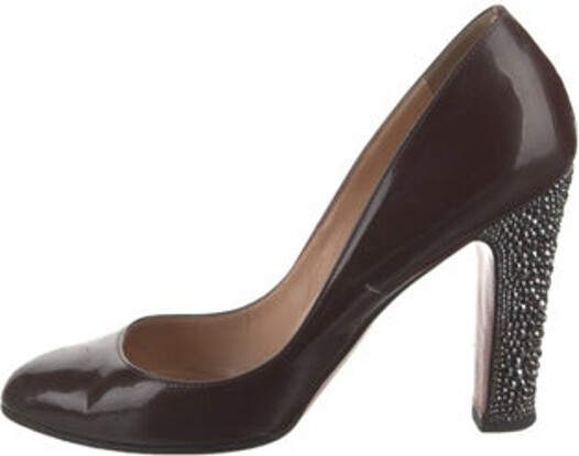 Christian Louboutin Patent Leather Pumps Brown Round-Toes with Crystal Embellishments Includes Box Designer