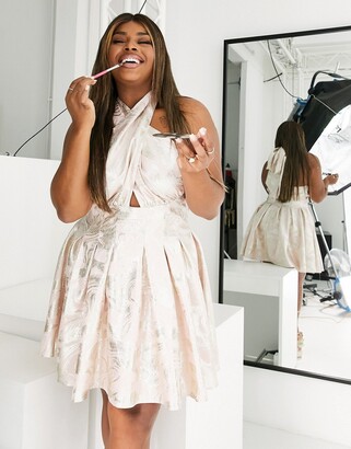 ASOS Luxe Curve halter neck mini jacquard swing dress in pink \u0026 silver -  ShopStyle
