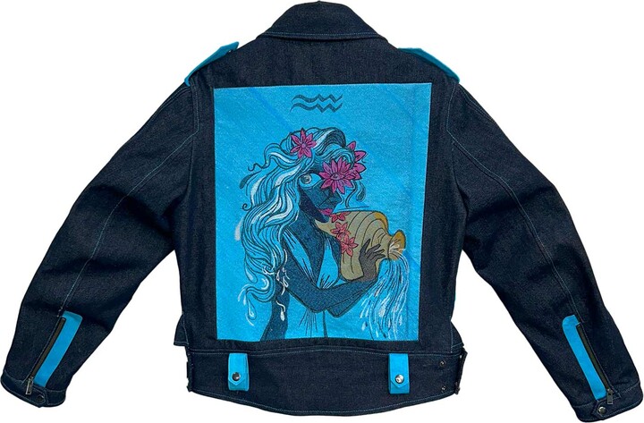 Zastastudio Zodiac Aquarius Denim Embroidered Biker Jacket