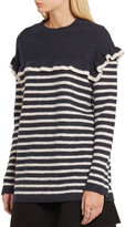 Thumbnail for your product : RED Valentino Ruffled Striped Wool-felt Sweater - Navy