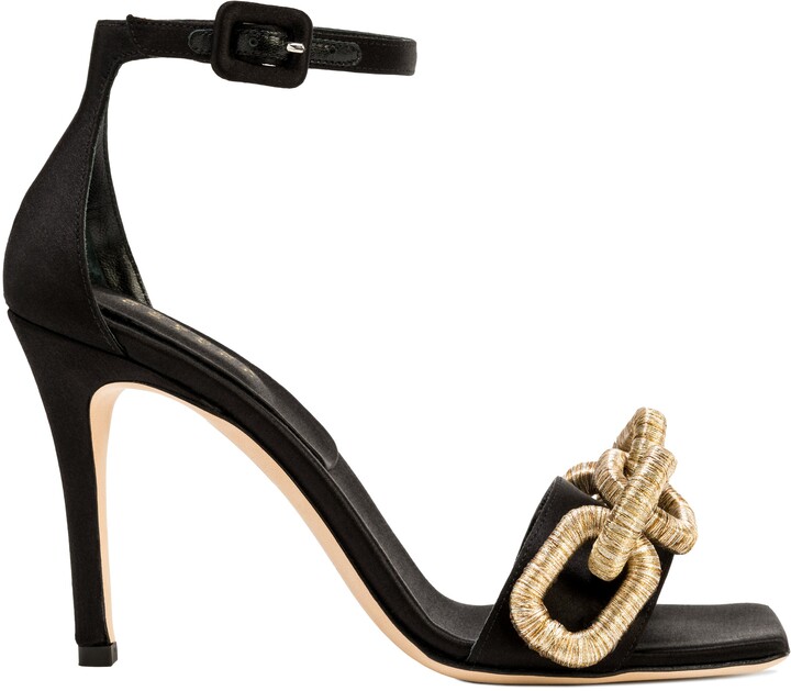 black and gold open toe heels