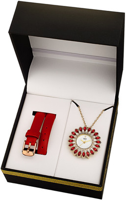 Burgi Women's Leather Interchangeable Watch & Pendant Necklace Set