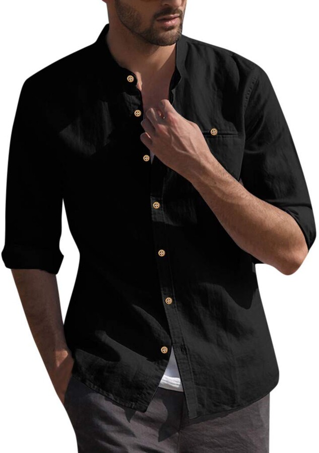 Linkay T-Shirt Tops Mens Boys Students Summer Baggy Retro Cotton Linen Solid Short Sleeve V Neck Blouse 2019 