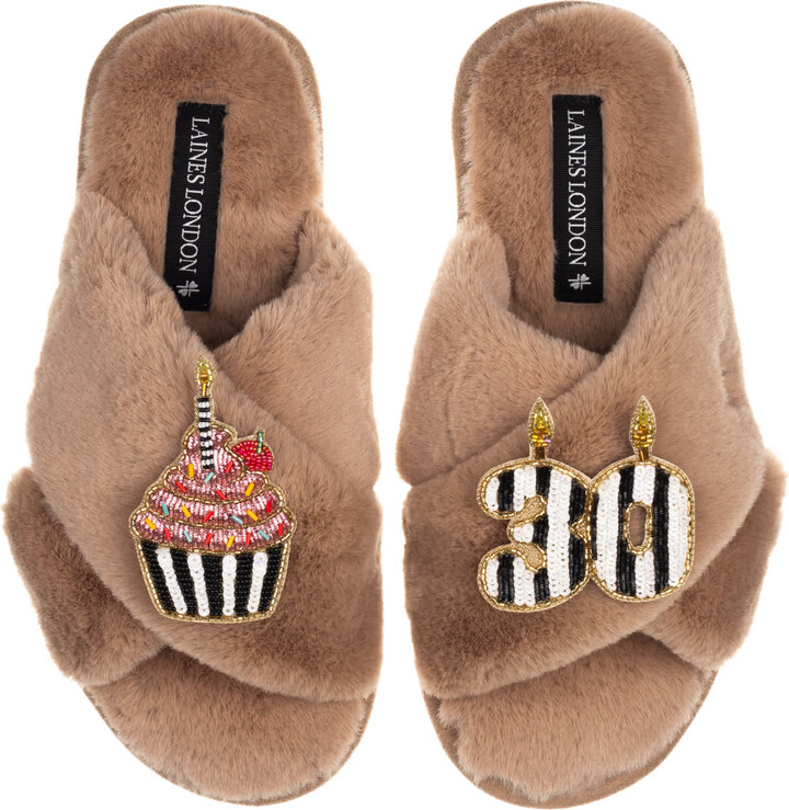 Laines London Brown Classic Laines Slippers With Stripe 30Th Birthday & Cake Brooches - Toffee