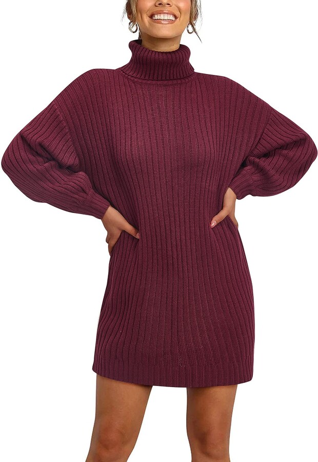 CORAFRITZ Womens Winter Casual Long Sleeve Solid Color Bodycon Warm Turtleneck Knee Length Knitted Sweater Dress