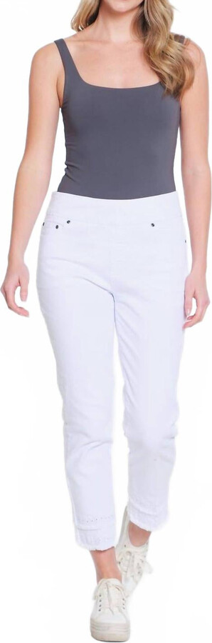 Multiples Pull On Wide Band Eyelet Fringe Trim Hem Ankle Jeans In White