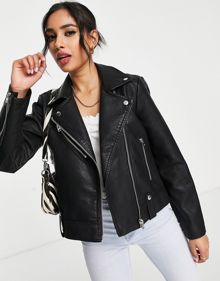 Topshop Petite faux leather biker jacket in black - ShopStyle