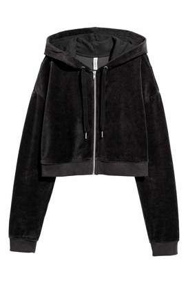 H&M Cropped Hooded Velour Jacket - Black - Women