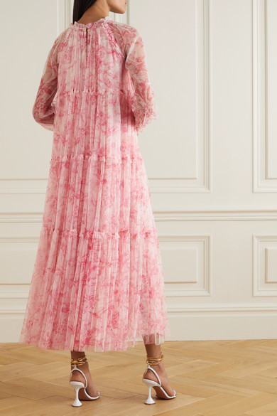 Needle Thread Toile De Jouy Tiered Ruffled Floral Print Tulle Maxi Dress Pink Shopstyle