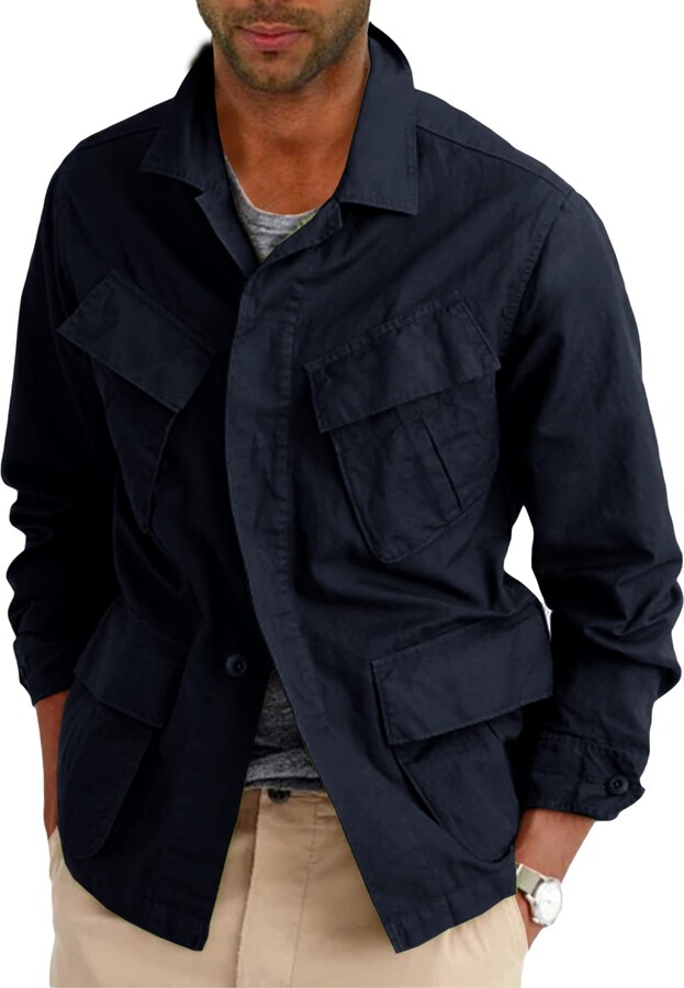 Runcati Mens Lightweight Safari Jacket Button Up Cotton Outdoor