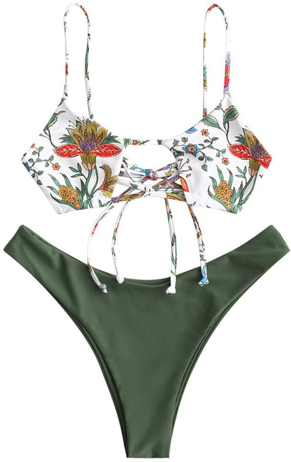 ZAFUL Women's Cutout Spaghetti Strap Lace Up Ribbed Cami Bikini Set Swimsuit  - - Large - ShopStyle