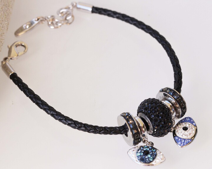 Etsy Evil Eye Bracelet, Black Leather, Sterling Silver Charm Bracelet