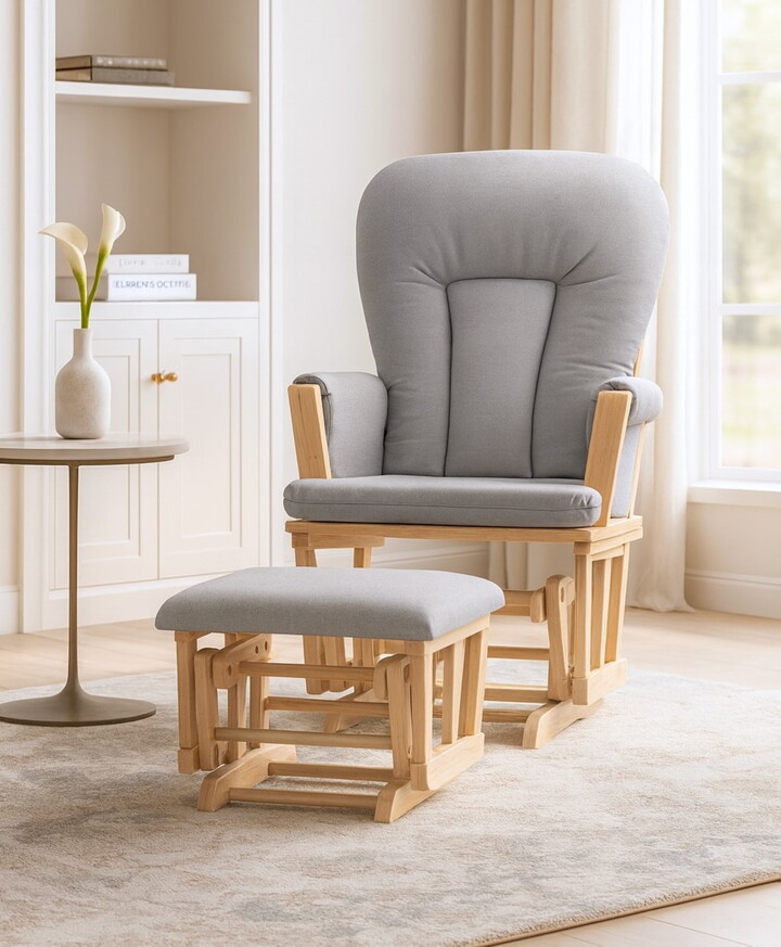 Suite Bebe Contempo Wooden Glider And Ottoman Natural Wood and Dove Gray Fabric